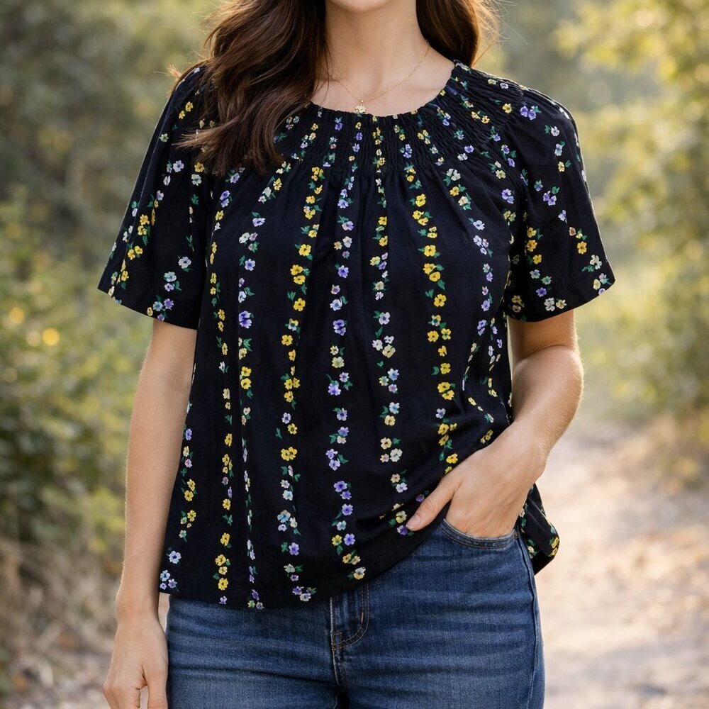 Ann Taylor Women’s M Multicolor Floral Ruched Short Sleeve Blouse Top